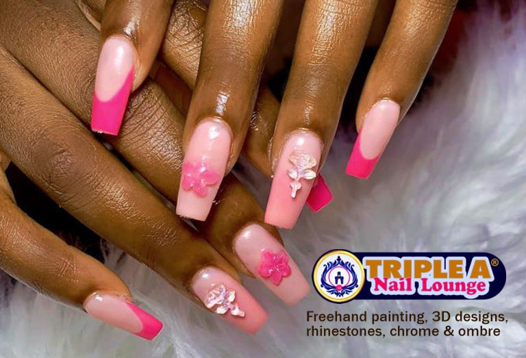 Freehand painting, 3D designs, rhinestones, chrome & ombre